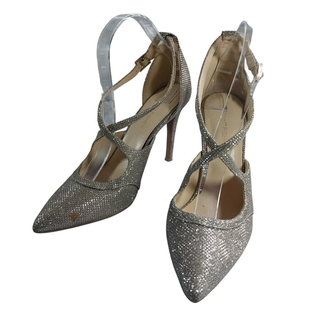 MARC FISHER! GOLD DIAMOND TEXTURED FABRIC, CRISS CROSS POINTY HEELS! SZ 8.5M